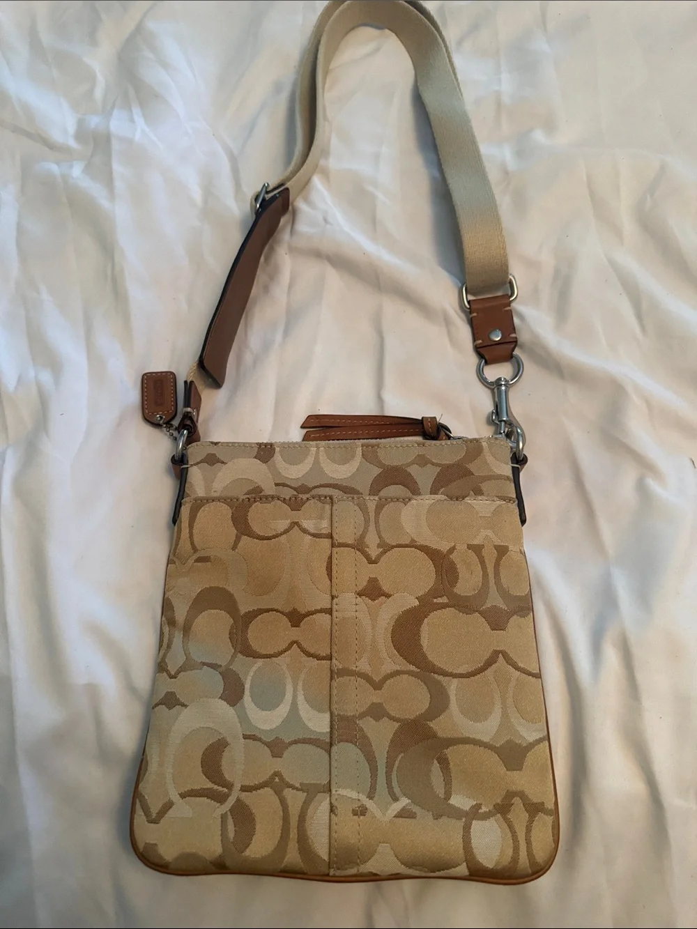 Coach Tan/Beige Signature Messenger Bag with Adjustable Canvas Strap
